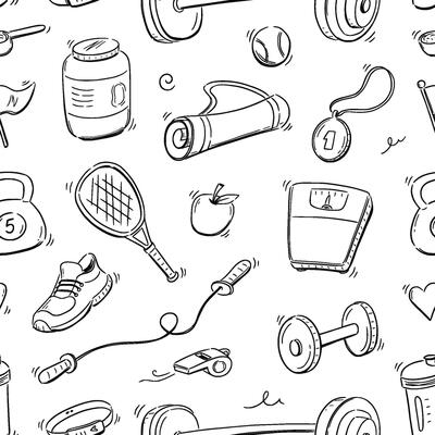 Doodle gym sketch health seamless pattern background. Hand drawn sketch doodle healthy sport, gym fit exercise equipment background. Hand drawn tennis ball, bottle, dumbbell fit.