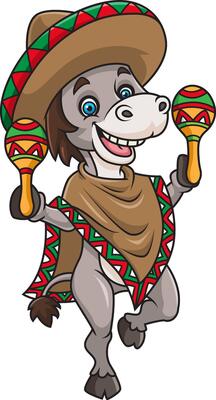 Donkey in Mexican sombrero hat and poncho with maracas