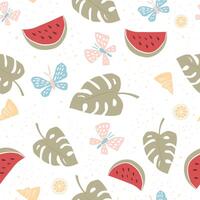 Seamless summer pattern with watermelon and monstera leaves vector
