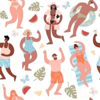 Summer beach party. Different people in swimsuits have fun. Seamless pattern for any design. vector