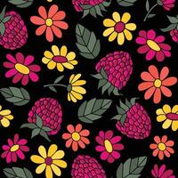 Seamless pattern of childish hand-drawn raspberry berries and flowers. Colorful bright illustration. vector