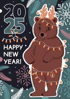 Happy New Year 2025 vertical banner with cute bear and winter elements. flat illustration in trendy colors. vector
