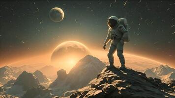 Astronaut standing on top of mountain with planets in the background video