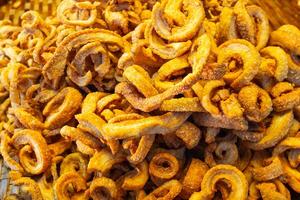 Closeup Pork rinds for sale at the local market in thailand..t is crispy and delicious, can be eaten as a snack or with many types of food. photo