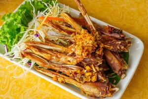 Closeup Deep fried duck beaks and deep fried isoletion and clippingpath.Popular snacks for Thai and Chinese people photo