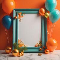 A frame with balloons and a white paper photo