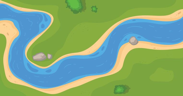 Blue water river top view. blue water, coastline with rocks, trees, green grass