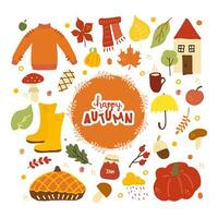 autumn set of elements with the inscription. happy autumn. cute hand drawn illustrations in flat style. vector