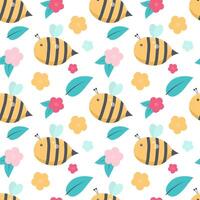 seamless background with bee, flowers and leaves on a white background.Children's summer pattern. vector