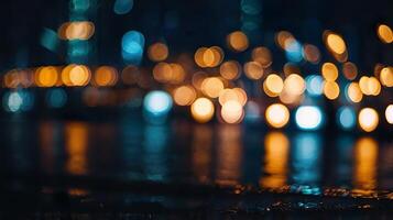 Abstract Bokeh City Lights at Night. Vibrant Urban Glow with Blurred Background. Capturing the Dreamy Atmosphere of Cityscapes after Dark. Soft, Out-of-Focus Lights for a Magical Nighttime Scene photo