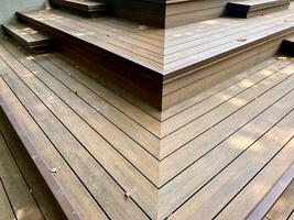 Wooden park stairs, walkway, and bench architecture environment isolated on horizontal outdoor environment background. photo