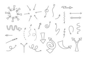 Hand drawn arrows set, Isolated doodle pointing signs dotted, linear, straight and curved. Lightning arrow, wave and zigzag simple black pointers vector