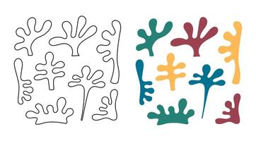 Abstract organic shapes illustration. Set of colorful and outline minimalist leaves for designs vector