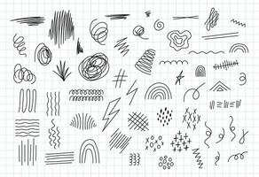 Various scribbles and squiggles set. Isolated hand drawn lines by blue ink pen. Funny doodle design elements, strokes, underlines, curves. Line shapes, rainbows, twirls and crosses vector