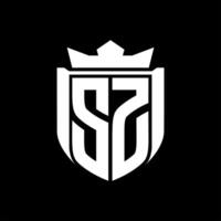 SZ Letter logo shield shape inside shield badge crown on black background template design vector