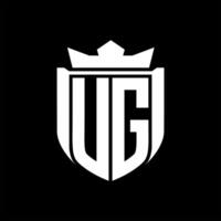 UG Letter logo shield shape inside shield badge crown on black background template design vector