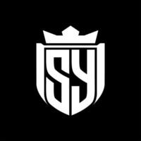 SY Letter logo shield shape inside shield badge crown on black background template design vector