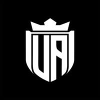 UA Letter logo shield shape inside shield badge crown on black background template design vector
