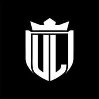 UL Letter logo shield shape inside shield badge crown on black background template design vector
