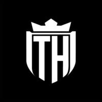 TH Letter logo shield shape inside shield badge crown on black background template design vector