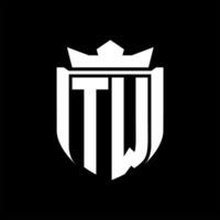 TW Letter logo shield shape inside shield badge crown on black background template design vector