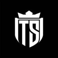 TS Letter logo shield shape inside shield badge crown on black background template design vector
