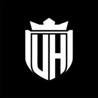 UH Letter logo shield shape inside shield badge crown on black background template design vector