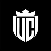 UC Letter logo shield shape inside shield badge crown on black background template design vector