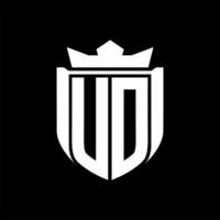 UD Letter logo shield shape inside shield badge crown on black background template design vector