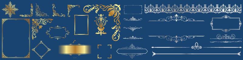 Golden graphic element, white frame, abstract border, isolated illustration on dark blue background. vector