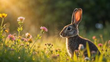 A rabbit is sitting in a field with flowers photo