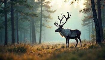 A majestic deer with impressive antlers stands in the lush forest during the early morning, conveying the elegance of wildlife and the serene atmosphere of nature. photo