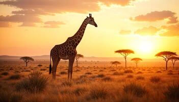 A giraffe stands in the middle of the savannah at sunset photo