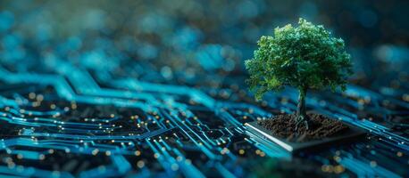 Tree growing on converging point of computer circuit board. Green Computing Technology and IT ethics photo