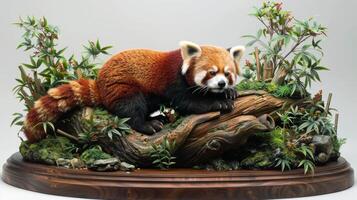 Red panda in a lush setting, realistic foliage and bamboo composition on white background. Wildlife photo