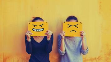 Two girls holding yellow emoji cards in front of their faces, one with smiling emoji, the other sad photo