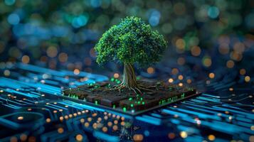 Tree growing on converging point of computer circuit board. Green Computing Technology and IT ethics photo