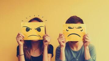 A man and woman hold sad and frustrated emoji cards over their faces in front of bright yellow wall photo