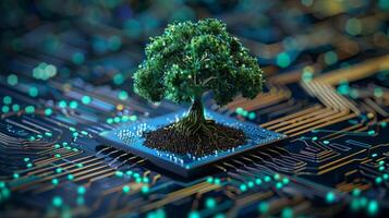 Tree growing on converging point of computer circuit board. Green Computing Technology and IT ethics photo