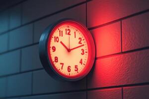 Glowing wall clock with red neon light for modern interior design inspirations photo