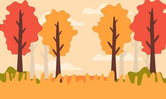 A vibrant autumn landscape with red and orange trees, clear skies, and lush greenery, capturing the essence of fall. vector