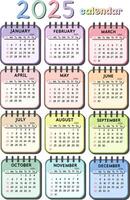 Calendar 2025 Colorful Calendar Template with Simple Design on White Background vector