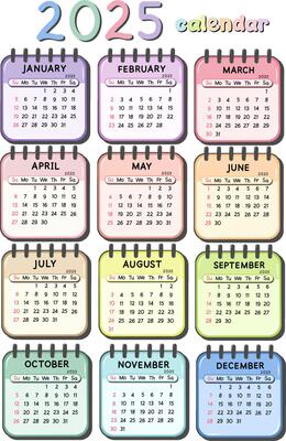 Calendar 2025 Colorful Calendar Template with Simple Design on White Background