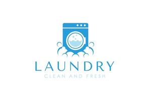 Laundry logo template depicting an active washing machine with bubbles. vector