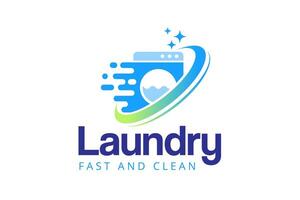 Express laundry service logo template with dynamic washing machine icon. vector