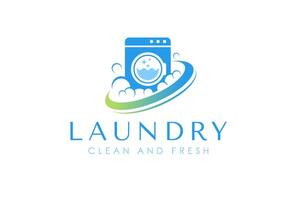 Washing machine with bubbles logo template for dynamic laundry services. vector