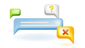 3d bubble speeches with cross and question mark, ellipsis. Messenger dialogue. Chat conversation template. vector