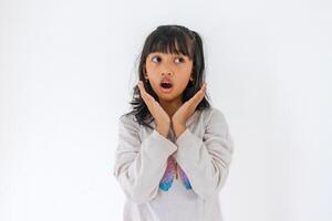 Portrait of a little Asian girl with a shocked expression, on a white background photo