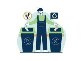 A young man in overalls stands confidently between two recycling bins, holding items in each hand. He appears knowledgeable and committed to environmental responsibility. vector
