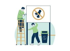 Garbage Sorting Banner Illustration. two men putting up a banner vector